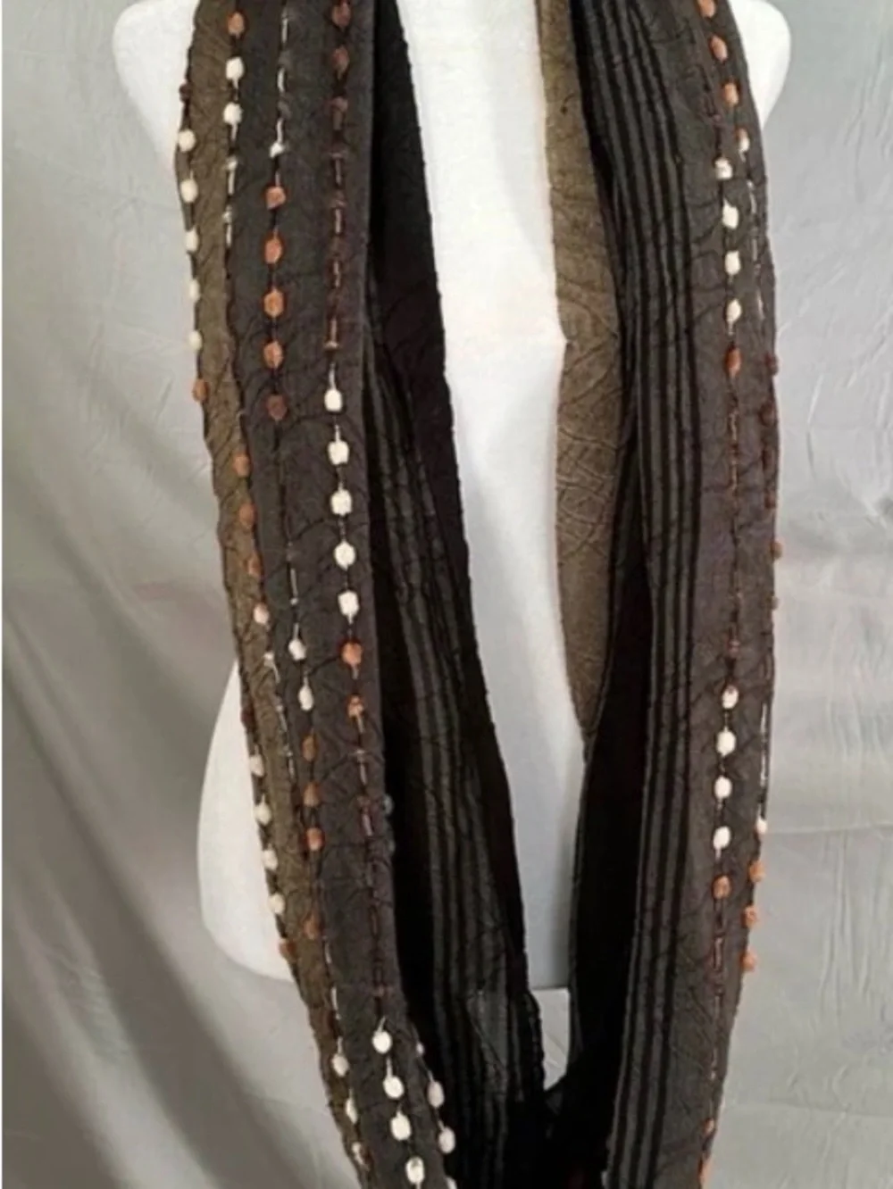 Infinity Scarf, Black & Brown, with Cream and Rust Dot Textured Embroidery
